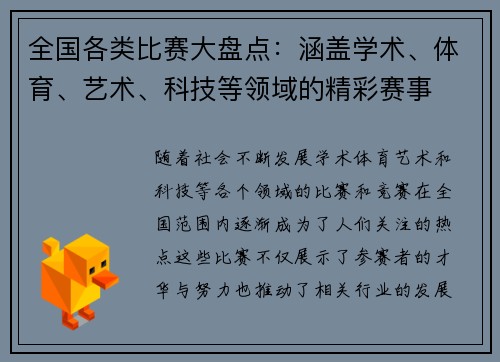 全国各类比赛大盘点：涵盖学术、体育、艺术、科技等领域的精彩赛事